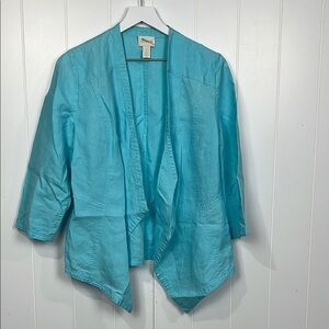 Chico’s Open Front Cardigan 1 Aqua Seam Detailing Drape Jacket 3/4 Sleeves Linen